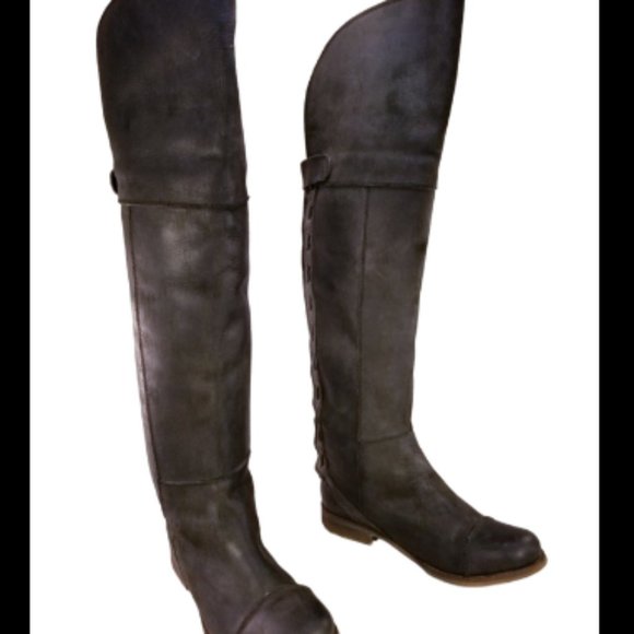 JEFFREY CAMPBELL zipped WOMEN otk BOOTS EQUESTRIAN RIDING LEATHER CHARCHOAL sz 8 - Picture 1 of 11